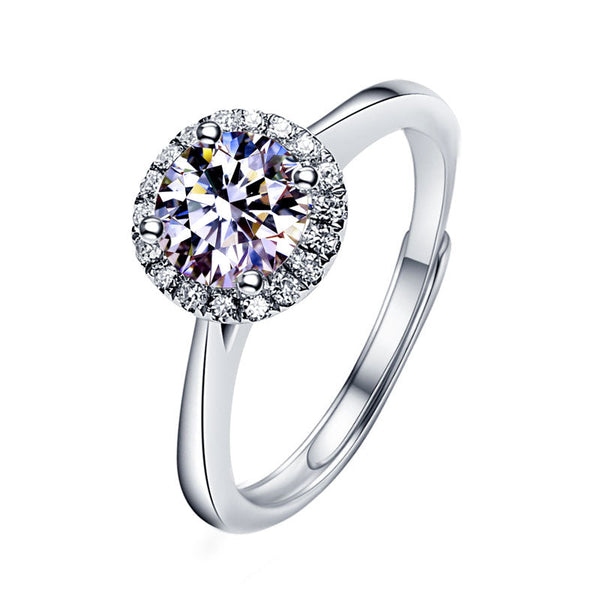 1 Carat Solitaire Moissanite Halo Ring, Platinum Overlay Sterling Silver - Adjustable Size