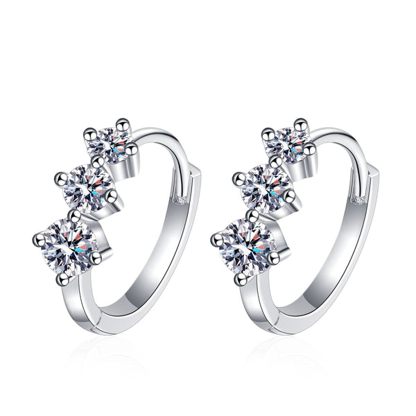 1.5 Carat Three-Stone Moissanite Hoop Huggie Earrings, in Platinum Overlay Sterling Silver