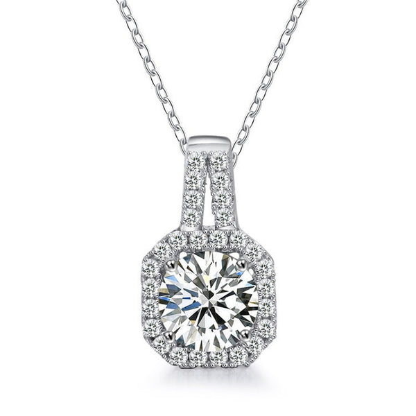 1 carat Radiant Cut Moissanite Pendant In A Paved Halo Setting with Chain in Platinum Overlay Sterling Silver GRA Certified