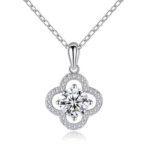 1 Carat Radiant Cut Moissanite Pendant in Clover Shape Halo Setting with Chain in Platinum Overlay Sterling Silver, GRA Certified